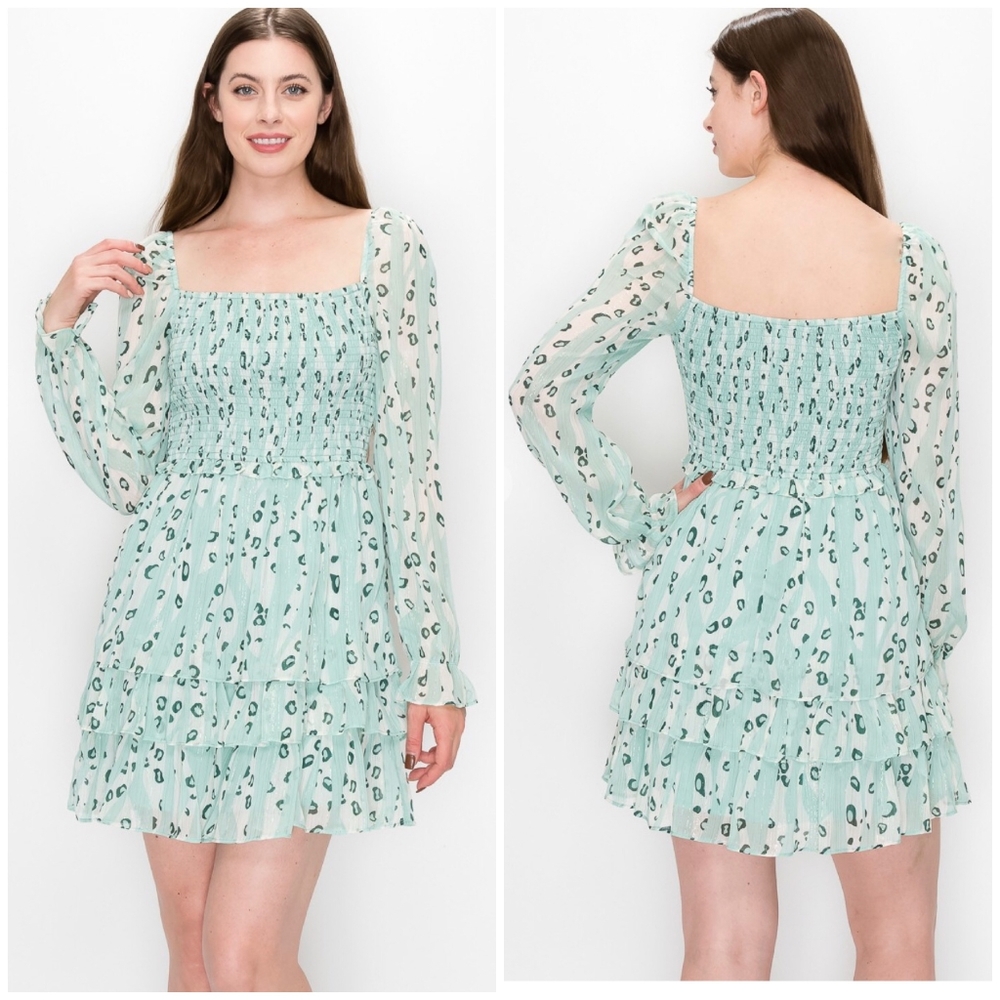 FEW LEFT❗️INA Gorgeous Chic Mint Sage Abstract Leopard Print Long Sleeves Dress - Picture 4 of 10